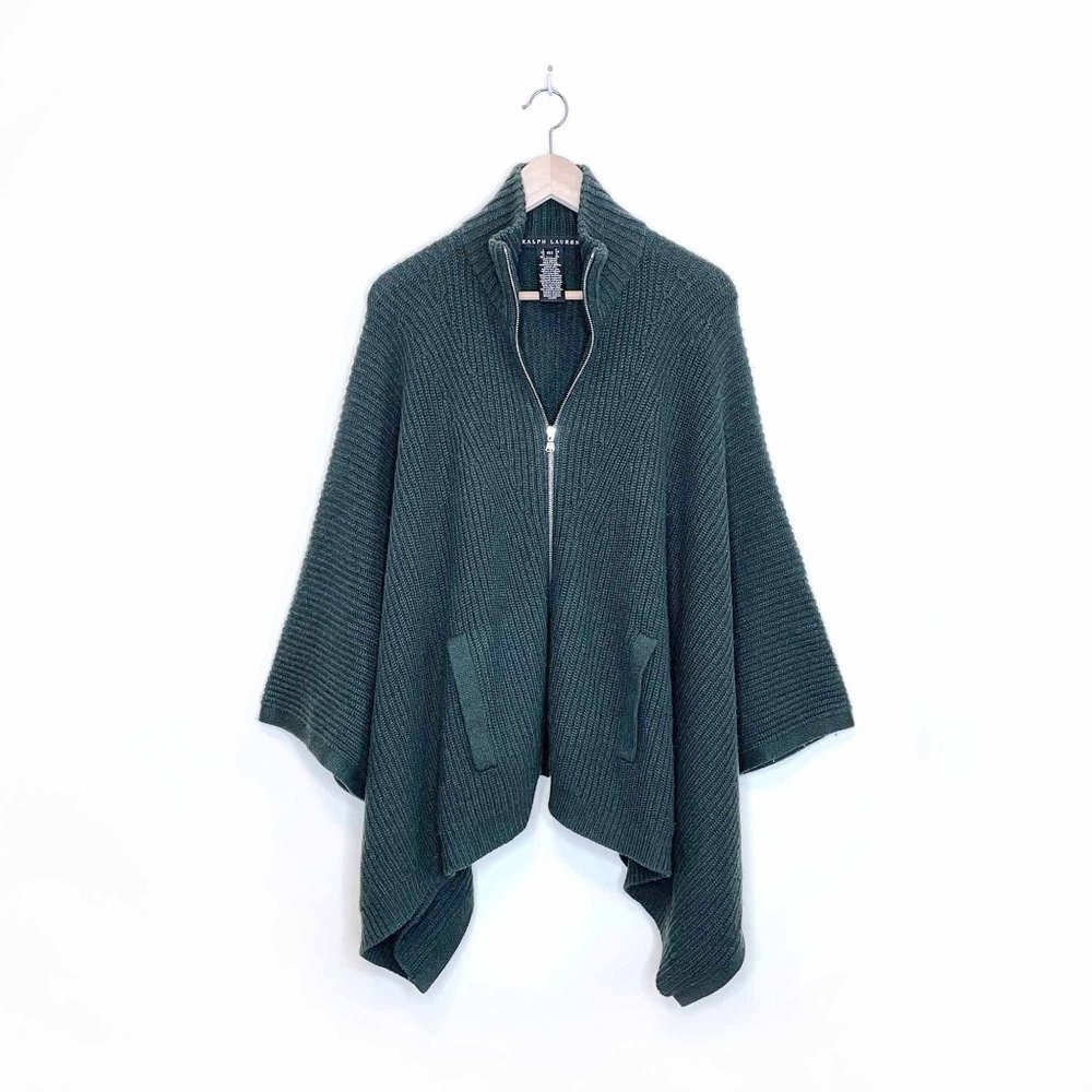 Eileen Fisher Dark Green Zip-Front Knit Poncho Sweater